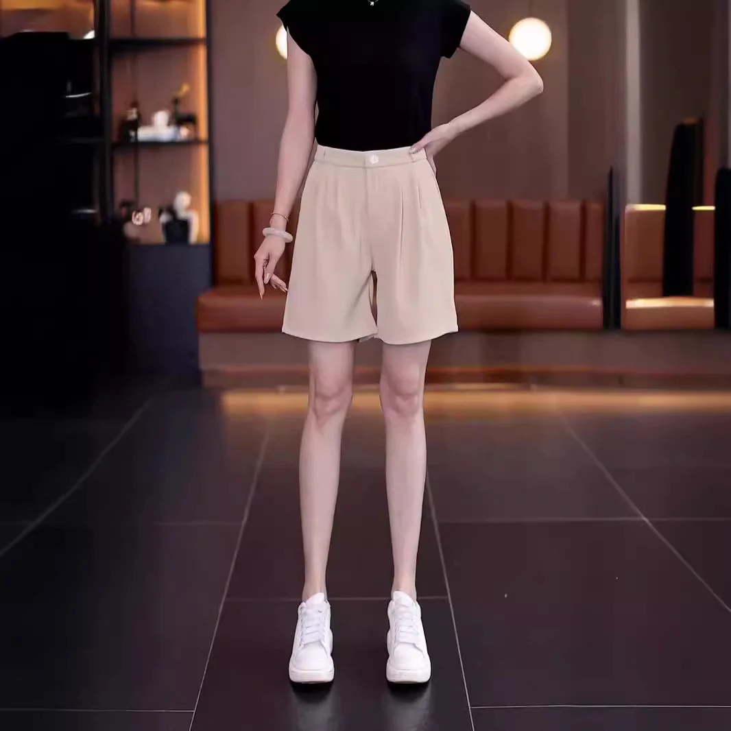 White suit shorts for women, outerwear, summer thin A-line casual wide-leg mid-thigh shorts, high waist, straight leg, slimming five-point shorts