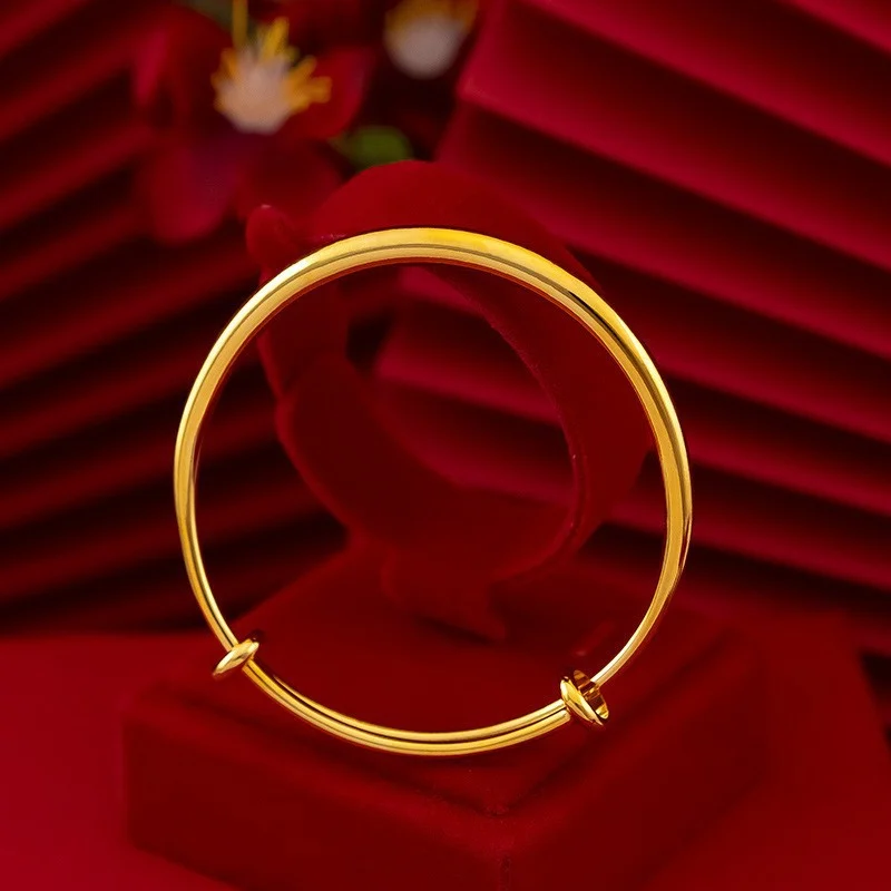 กำไลข้อมือทองคำเวียดนามทรงกลมผิวเรียบแบบเลื่อนปรับได้ เครื่องประดับแฟชั่นผู้หญิงสไตล์มินิมอล ทองเหลืองชุบทอง