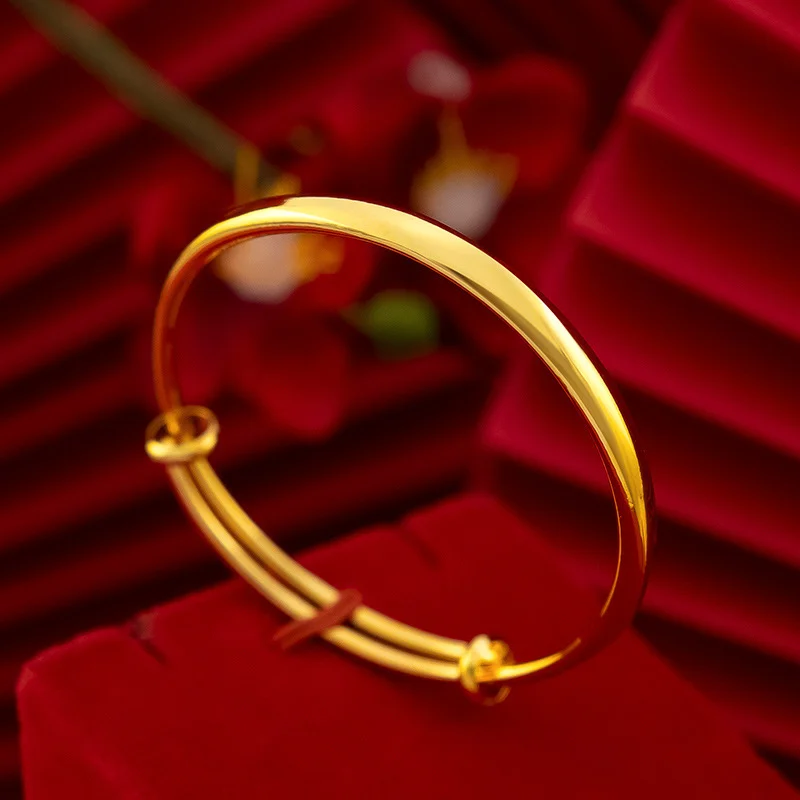 กำไลข้อมือทองคำเวียดนามทรงกลมผิวเรียบแบบเลื่อนปรับได้ เครื่องประดับแฟชั่นผู้หญิงสไตล์มินิมอล ทองเหลืองชุบทอง