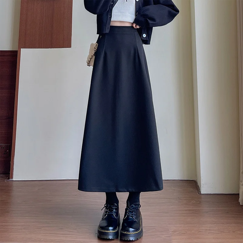 Women's Woolen Midi Skirt for Autumn and Winter, Slit Mid-Length Skirt, High Waist, Slimming, Plus Size, Fashionable and Versatile Bodycon Skirt