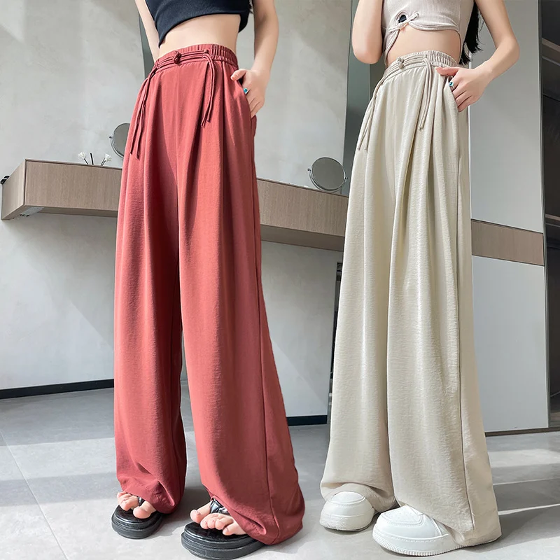 New Chinese-style wide-leg pants for women, summer national-style frog button elastic waist ice-feel drape loose slimming straight-leg casual long pants