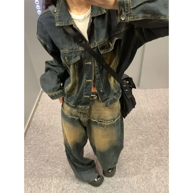 Seluar jeans lurus vintage bergaya jalanan Amerika, longgar, bergaya bad boy, cucian diproses nampak lusuh, potongan lebar, labuh menyentuh lantai, seluar panjang