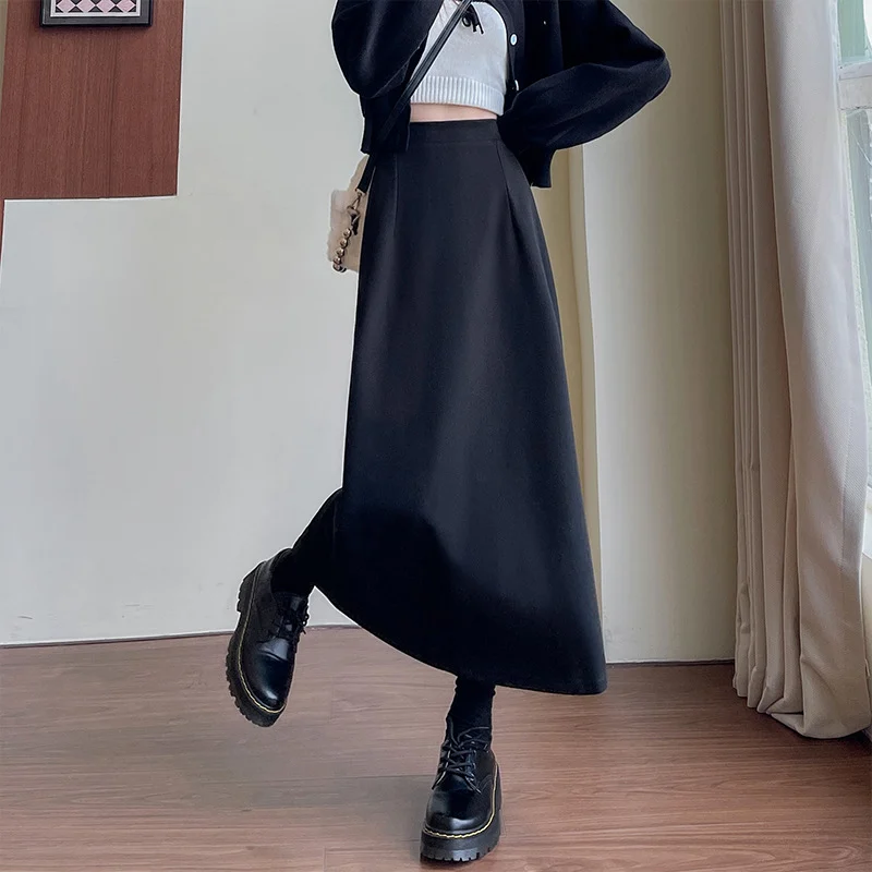 Women's Woolen Midi Skirt for Autumn and Winter, Slit Mid-Length Skirt, High Waist, Slimming, Plus Size, Fashionable and Versatile Bodycon Skirt