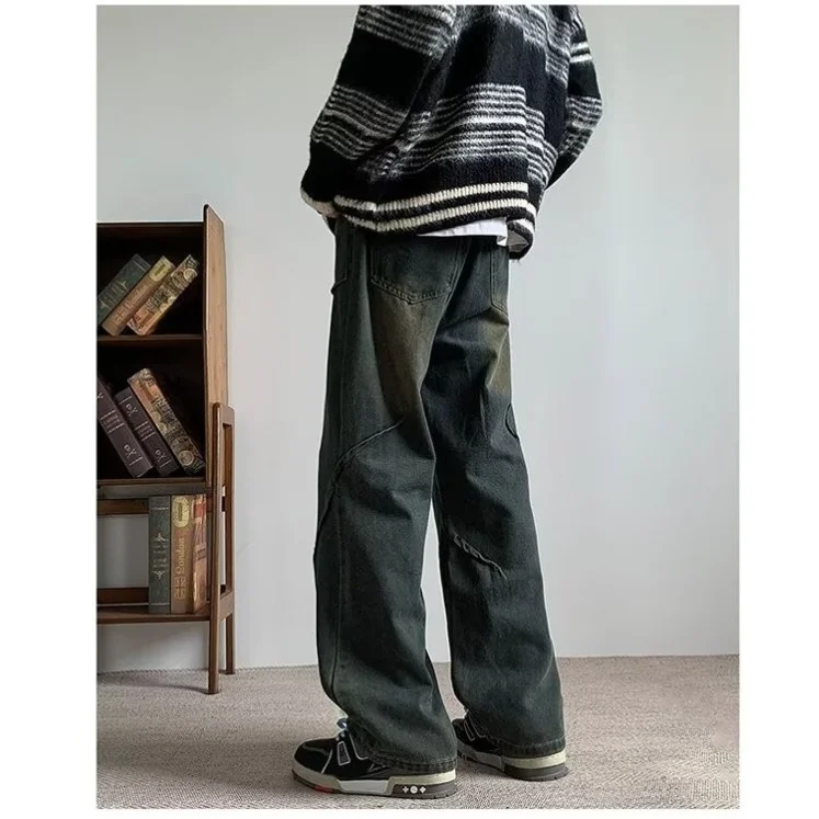 American high street vintage washed trendy wide-leg pants loose straight casual pants jeans long trousers