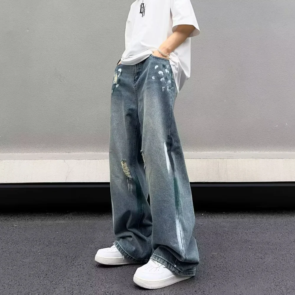 Summer trendy street retro graffiti straight-leg jeans men loose American high street wide-leg floor-length washed pants
