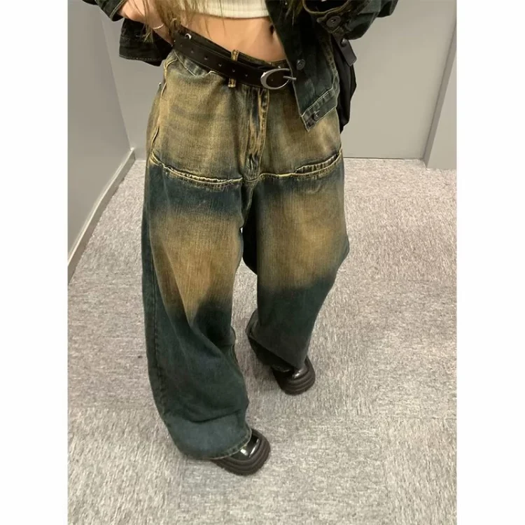 Seluar jeans lurus vintage bergaya jalanan Amerika, longgar, bergaya bad boy, cucian diproses nampak lusuh, potongan lebar, labuh menyentuh lantai, seluar panjang