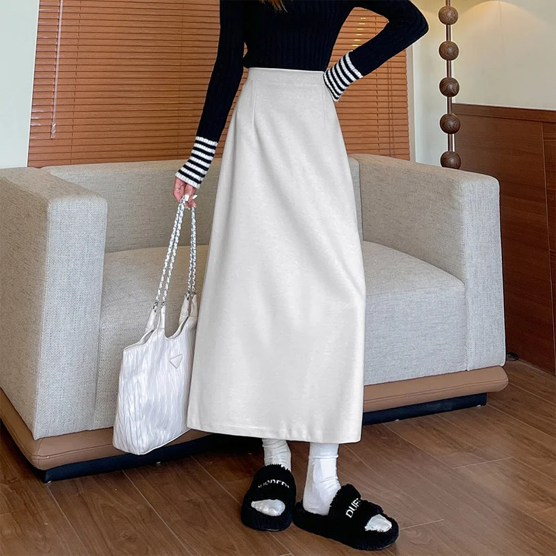 Women's Woolen Midi Skirt for Autumn and Winter, Slit Mid-Length Skirt, High Waist, Slimming, Plus Size, Fashionable and Versatile Bodycon Skirt