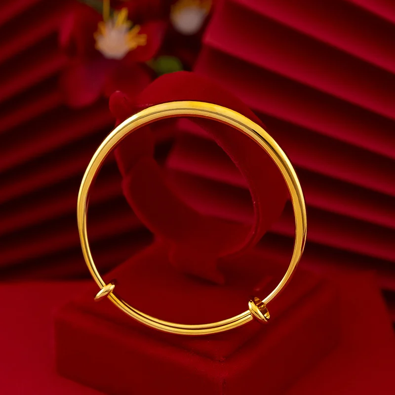 กำไลข้อมือทองคำเวียดนามทรงกลมผิวเรียบแบบเลื่อนปรับได้ เครื่องประดับแฟชั่นผู้หญิงสไตล์มินิมอล ทองเหลืองชุบทอง