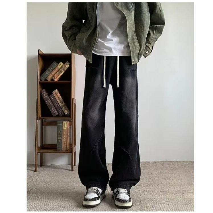 American high street vintage washed trendy wide-leg pants loose straight casual pants jeans long trousers