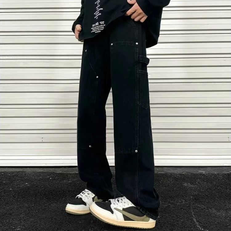 American retro washed distressed jeans men's high street patchwork straight-leg pants loose wide-leg pants versatile long trousers