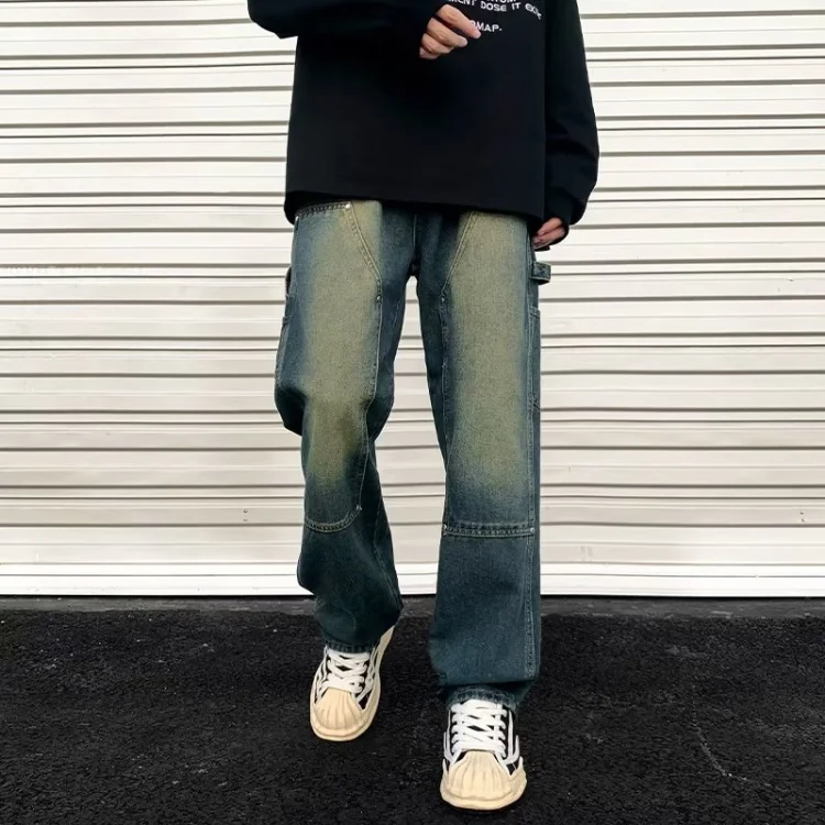American retro washed distressed jeans men's high street patchwork straight-leg pants loose wide-leg pants versatile long trousers