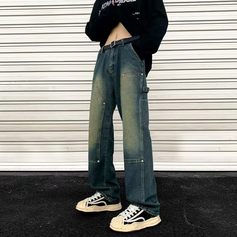 American retro washed distressed jeans men's high street patchwork straight-leg pants loose wide-leg pants versatile long trousers