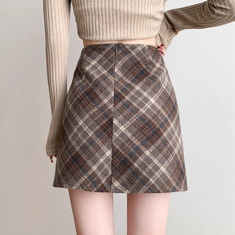 សំពត់ A-line Woolen សរទរដូវ និងរដូវរងា សំពត់ខ្លីពាក់កណ្តាលប្រវែងសម្រាប់ស្ត្រី សំពត់ចង្កេះខ្ពស់ស្លីមសមតាមបែបកូរ៉េ A-line