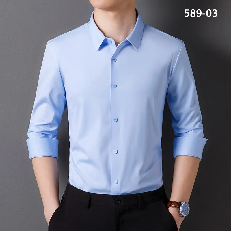เสื้อเชิ้ตไร้รอยต่อฤดูใบไม้ผลิ 2024 เสื้อเชิ้ตแขนยาวผู้ชายสำหรับธุรกิจอาชีพไม่ต้องรีด เสื้อเชิ้ตแขนยาวทรงเข้ารูปสไตล์ชุดทำงาน