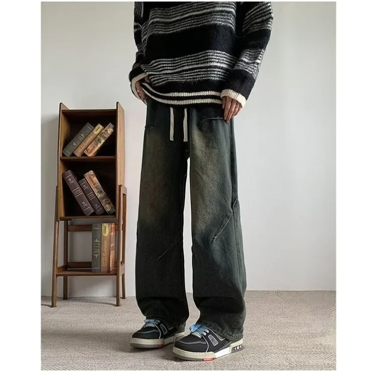 American high street vintage washed trendy wide-leg pants loose straight casual pants jeans long trousers