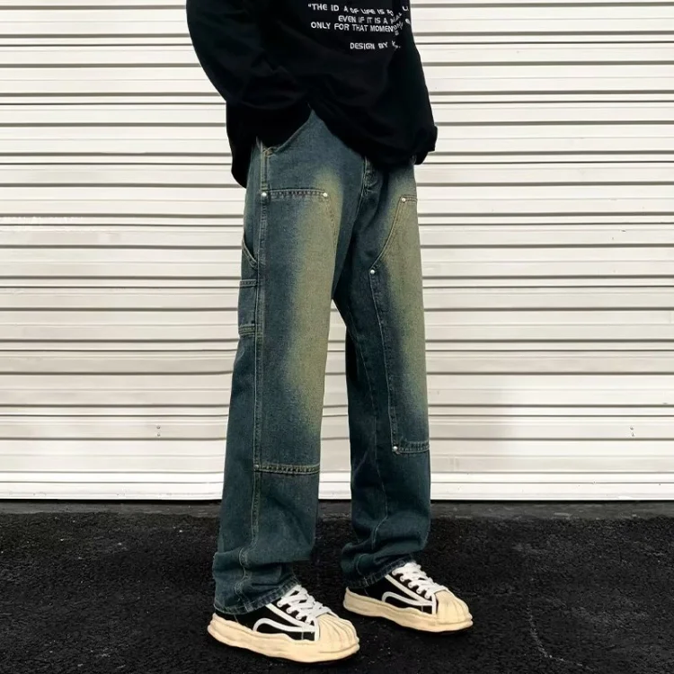 American retro washed distressed jeans men's high street patchwork straight-leg pants loose wide-leg pants versatile long trousers