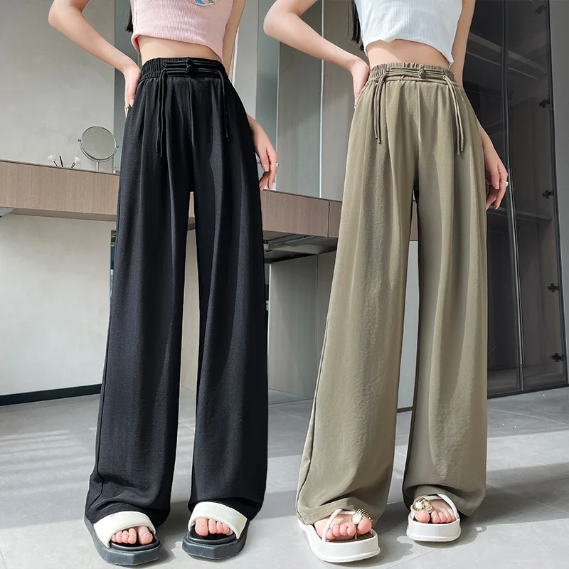 New Chinese-style wide-leg pants for women, summer national-style frog button elastic waist ice-feel drape loose slimming straight-leg casual long pants