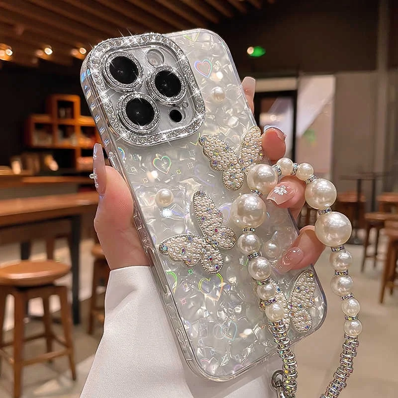 Gaya mewah ringan sesuai untuk sarung telefon Apple 17PROMAX 16 mutiara reben 15PRO rantai tangan kreatif 3D wanita