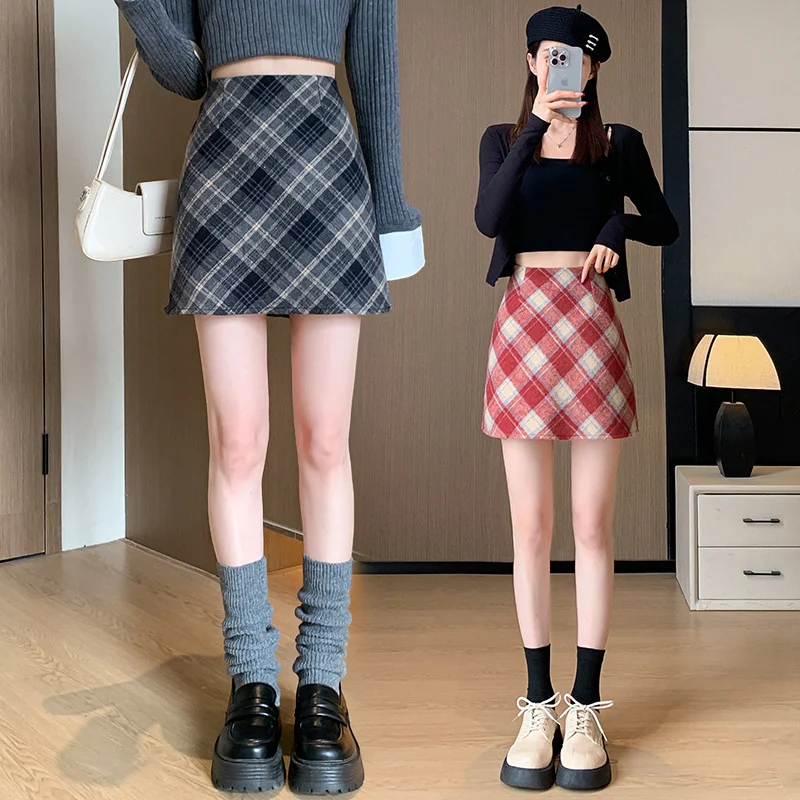 សំពត់ A-line Woolen សរទរដូវ និងរដូវរងា សំពត់ខ្លីពាក់កណ្តាលប្រវែងសម្រាប់ស្ត្រី សំពត់ចង្កេះខ្ពស់ស្លីមសមតាមបែបកូរ៉េ A-line