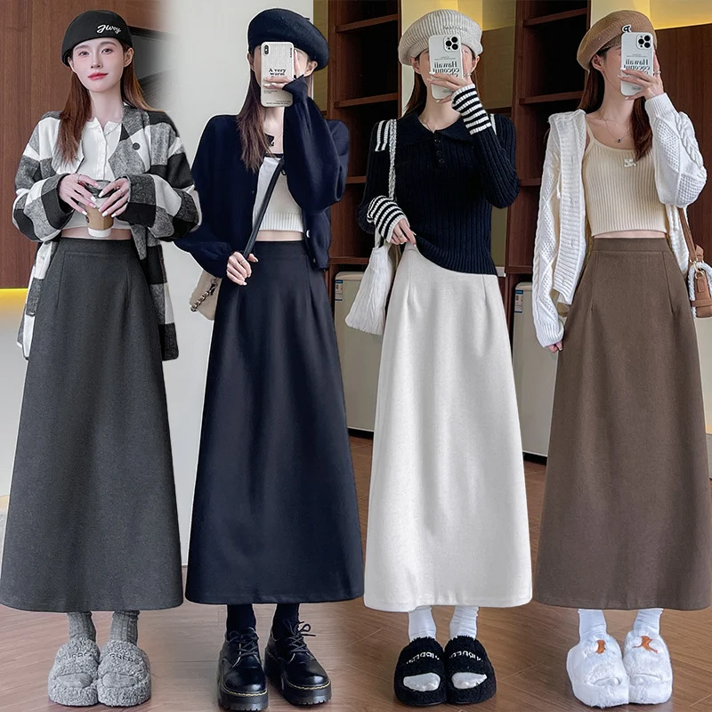 Women's Woolen Midi Skirt for Autumn and Winter, Slit Mid-Length Skirt, High Waist, Slimming, Plus Size, Fashionable and Versatile Bodycon Skirt