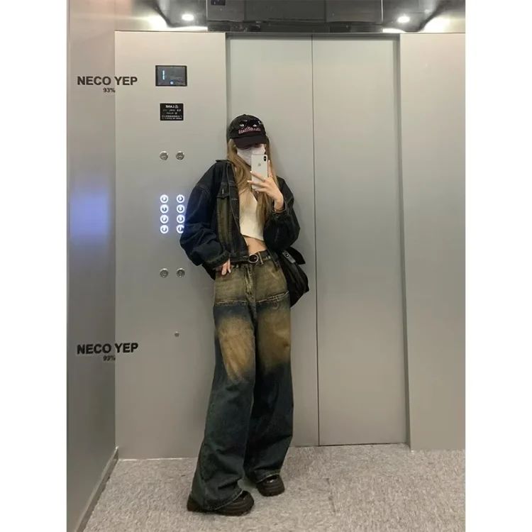 Seluar jeans lurus vintage bergaya jalanan Amerika, longgar, bergaya bad boy, cucian diproses nampak lusuh, potongan lebar, labuh menyentuh lantai, seluar panjang