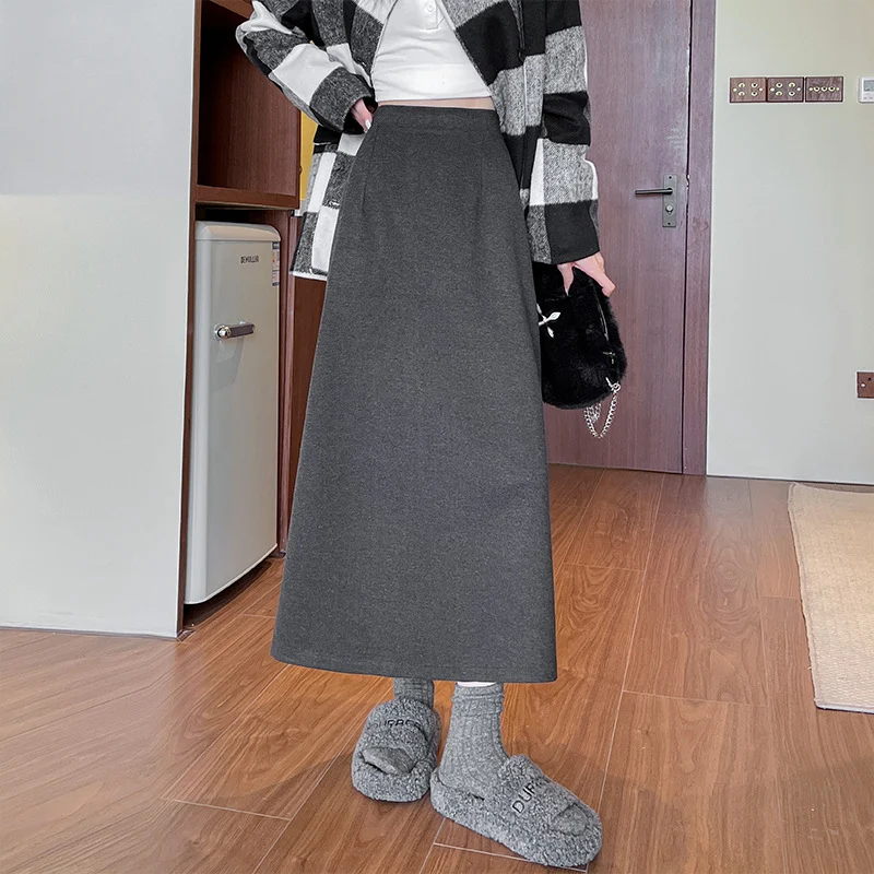 Women's Woolen Midi Skirt for Autumn and Winter, Slit Mid-Length Skirt, High Waist, Slimming, Plus Size, Fashionable and Versatile Bodycon Skirt