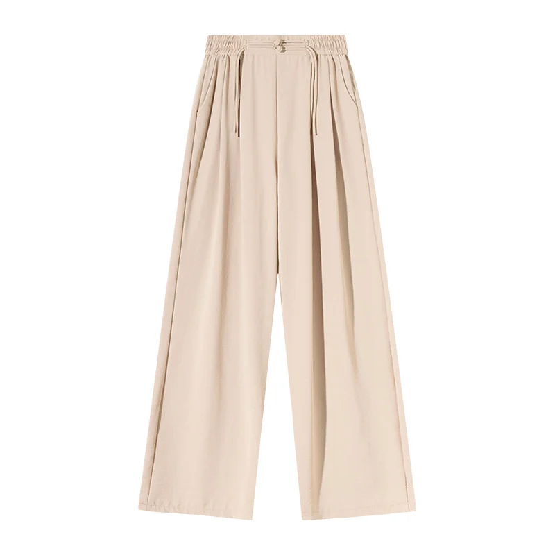 New Chinese-style wide-leg pants for women, summer national-style frog button elastic waist ice-feel drape loose slimming straight-leg casual long pants