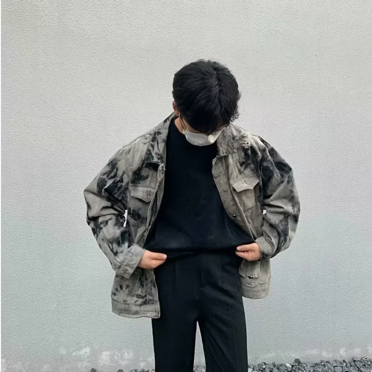 American retro denim jacket for men, spring and autumn high street tie-dye workwear jacket, ins trendy brand loose streetwear top