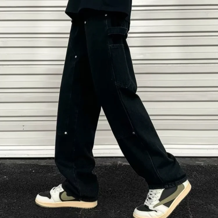 American retro washed distressed jeans men's high street patchwork straight-leg pants loose wide-leg pants versatile long trousers