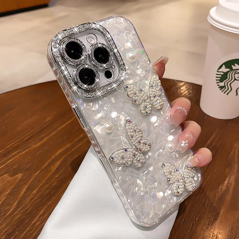 Gaya mewah ringan sesuai untuk sarung telefon Apple 17PROMAX 16 mutiara reben 15PRO rantai tangan kreatif 3D wanita