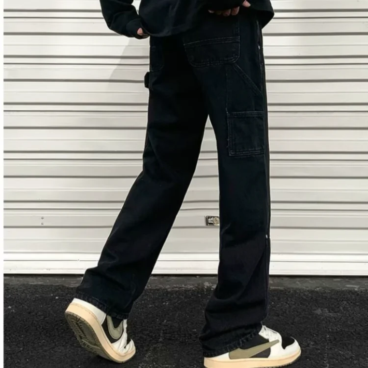 American retro washed distressed jeans men's high street patchwork straight-leg pants loose wide-leg pants versatile long trousers