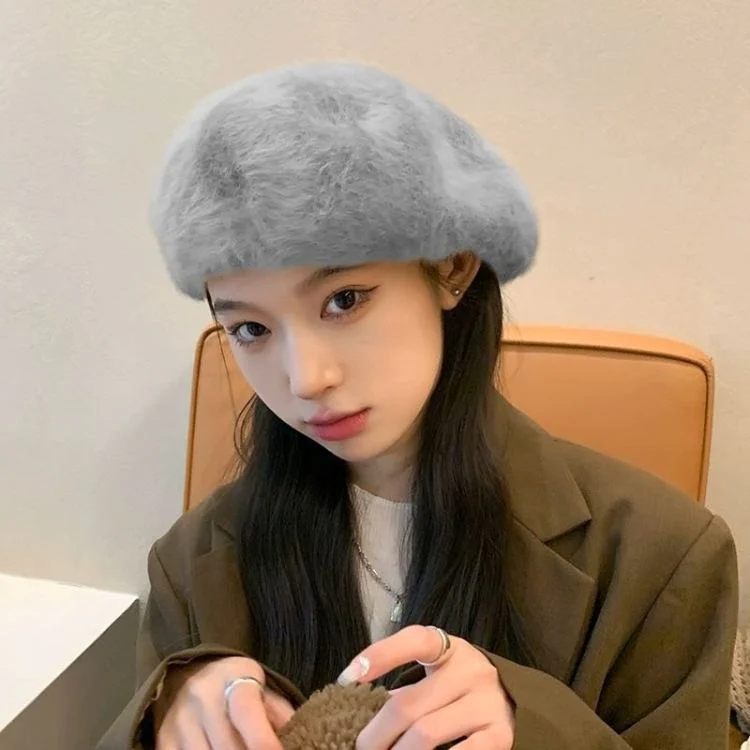 หมวกเบเร่ต์ผู้หญิงผ้าขนสั้น กันหนาวฤดูใบไม้ร่วงฤดูหนาว ทรงหลวม สไตล์ชิลๆ หมวกผ้าขนนุ่ม เลียนแบบขนกระต่าย หมวกสไตล์อินเทรนด์