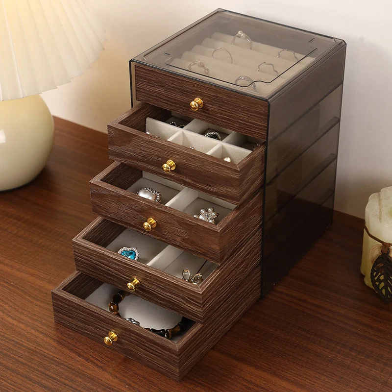 Walnut grain multi-layer large-capacity jewelry box high-end bracelet earrings large-capacity retro jewelry storage box dust-proof