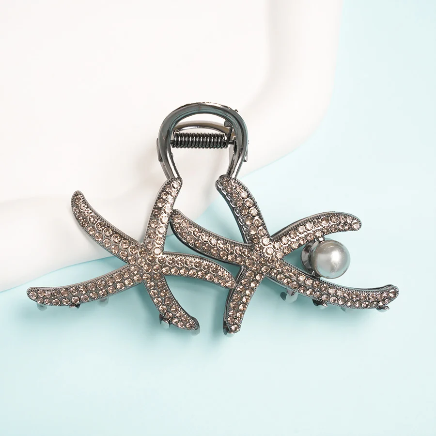 ឈុតសក់ត្រីឆ្លាម Rhinestone Starfish Pearl Clip
