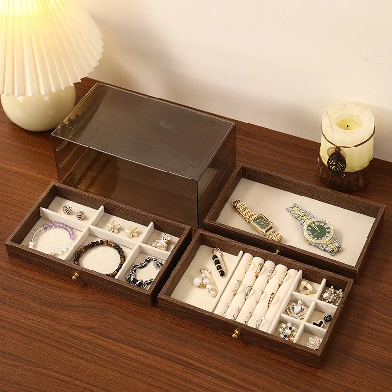 Walnut grain multi-layer large-capacity jewelry box high-end bracelet earrings large-capacity retro jewelry storage box dust-proof
