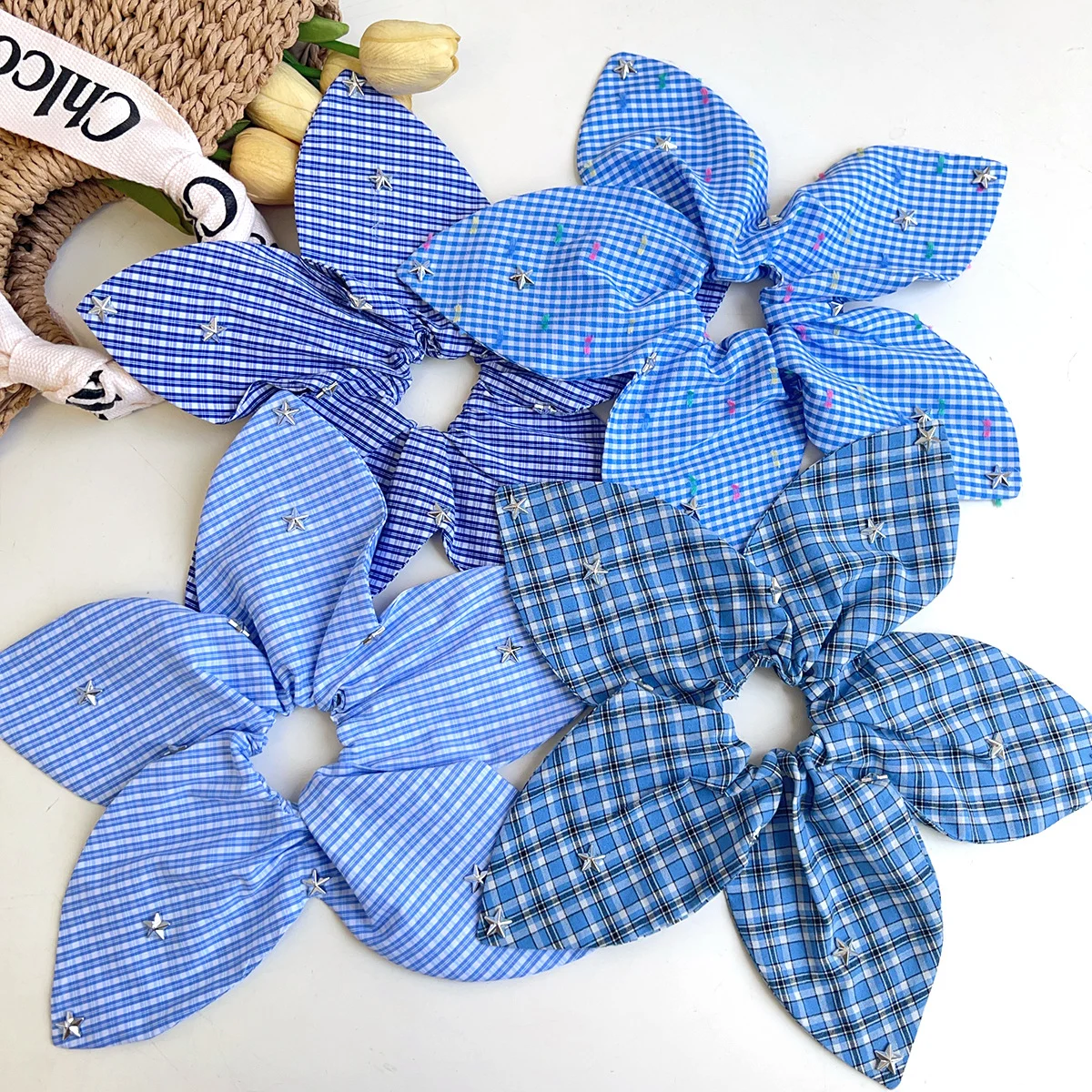 Korean-style handmade star flower plaid scrunchie hair tie head accessory