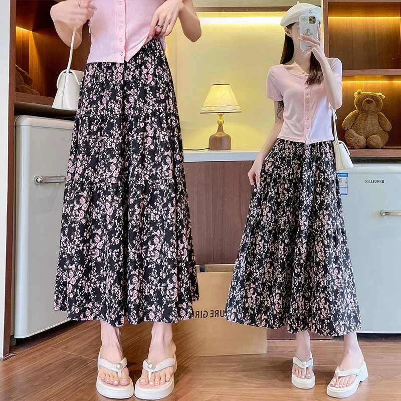 សំពត់ផ្កាពណ៌ផ្កាឈូកសម្រាប់ស្ត្រី សំពត់ខ្លីសម្រាប់រដូវក្តៅ និងសំពត់បិទបាំងត្រគាក សំពត់ A-line ដែលមានចង្កេះខ្ពស់ សំពត់ពាក់កណ្តាលប្រវែង