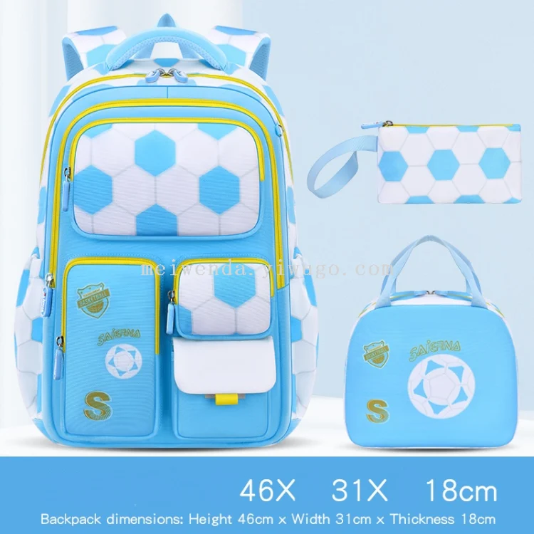 Set beg sekolah tiga helai beg galas fesyen bola sepak untuk pelajar, kapasiti besar, banyak petak, mudah disimpan, tahan calar dan tahan lasak, beg galas berkualiti