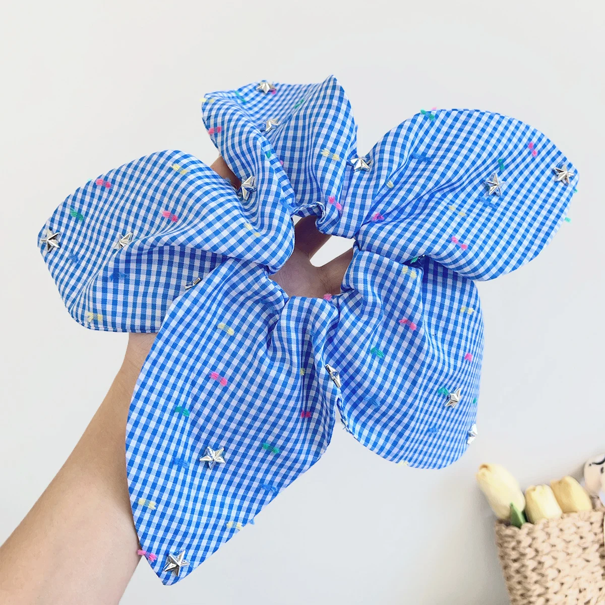 Korean-style handmade star flower plaid scrunchie hair tie head accessory