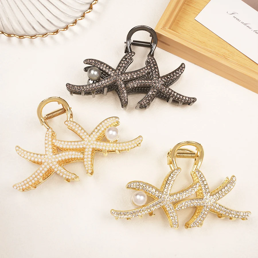 ឈុតសក់ត្រីឆ្លាម Rhinestone Starfish Pearl Clip