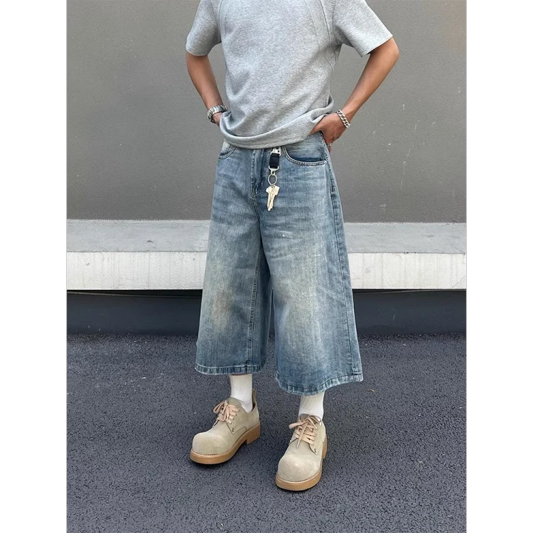 American retro washed slub-textured cropped shorts for men, premium-feel summer loose casual denim shorts