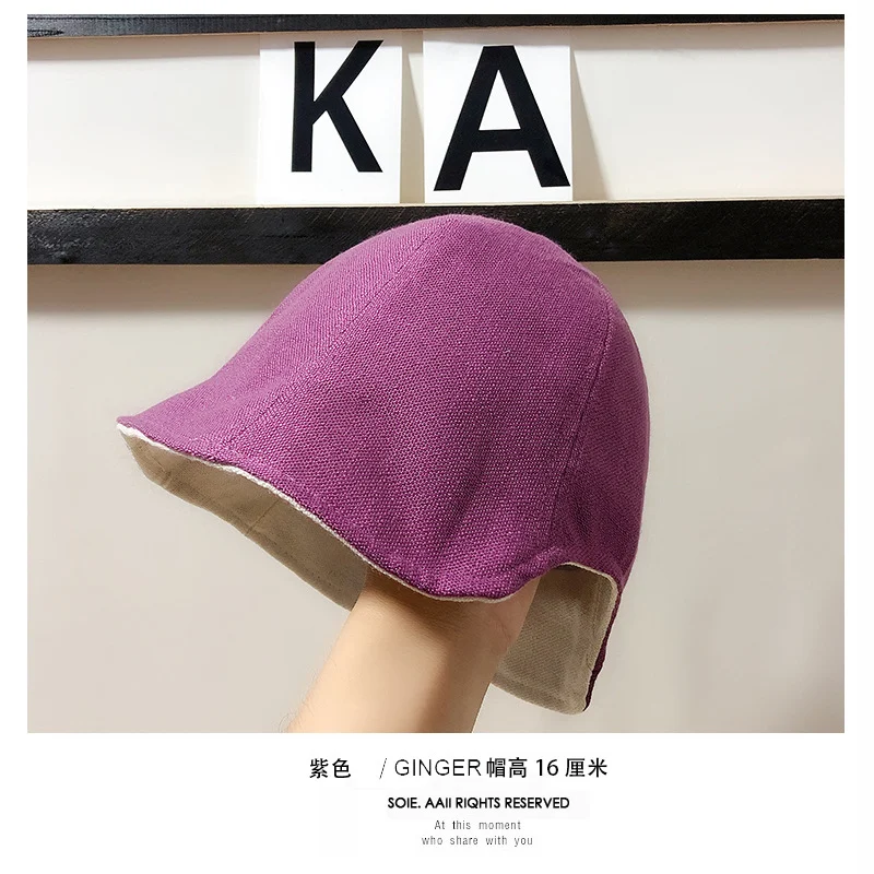 Mũ bucket đi biển mùa hè phong cách Nhật Bản bằng vải lanh cotton cho nữ, phiên bản Hàn Quốc ins, dễ phối đồ, thường ngày, đội hai mặt, màu tím