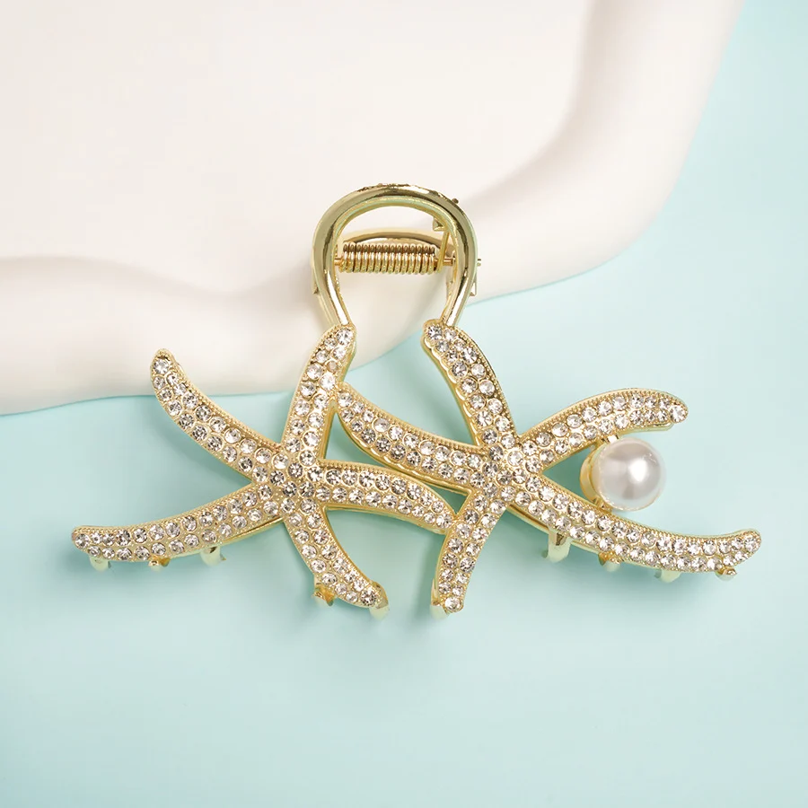 ឈុតសក់ត្រីឆ្លាម Rhinestone Starfish Pearl Clip