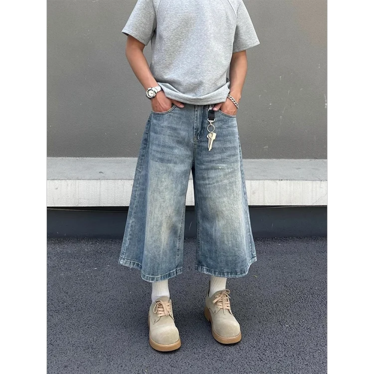 American retro washed slub-textured cropped shorts for men, premium-feel summer loose casual denim shorts