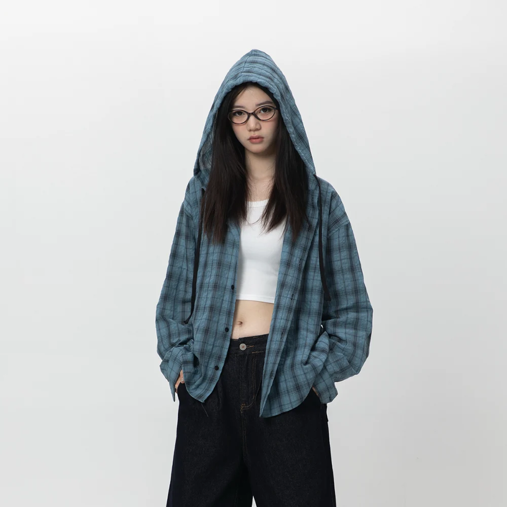 Hooded Plaid Sun Protection Long-Sleeve Shirt for Men and Women, Summer Relaxed Loose Casual Couple Shirt Jacket