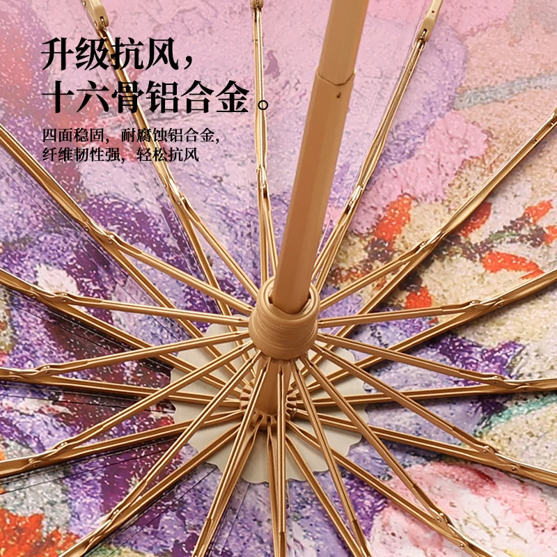 ร่มกันแดดพับได้สำหรับผู้หญิง 16 ซี่ เคลือบสีรุ้ง ลายภาพวาดสีน้ำมัน กันแดด สไตล์วินเทจ ด้ามไม้ ร่มของขวัญ 1 ชิ้น