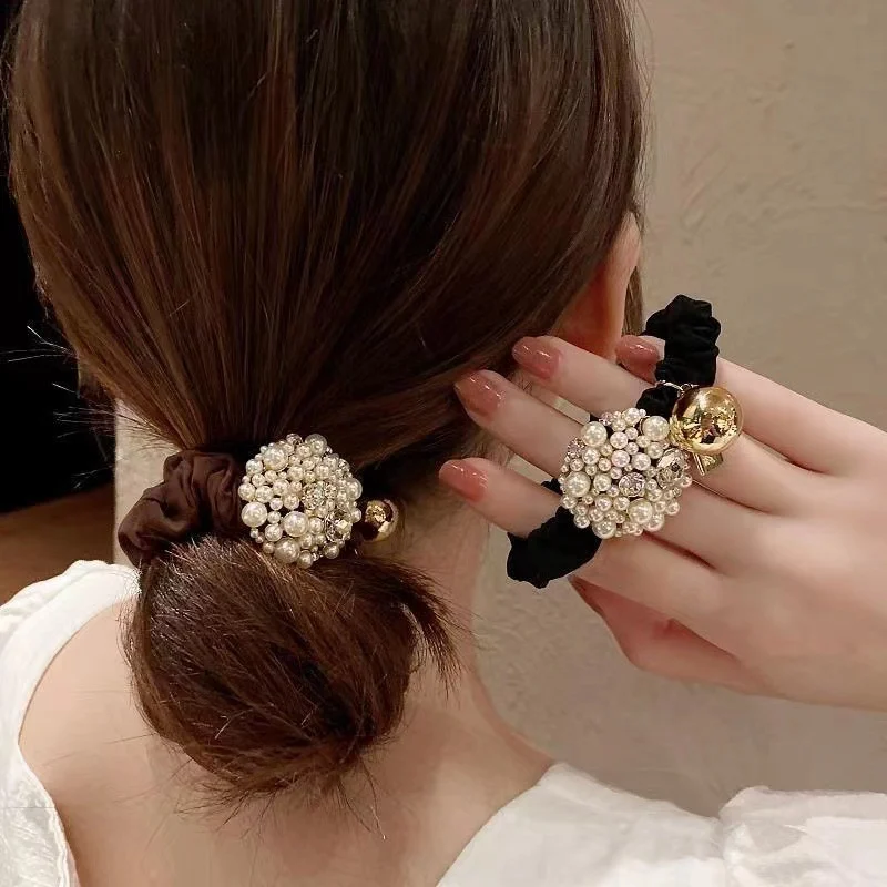 ยางรัดผมมวยเกาหลี หนังยางติดผมมุกหรูหรา เครื่องประดับผม ยางรัดผมสำหรับผู้หญิง