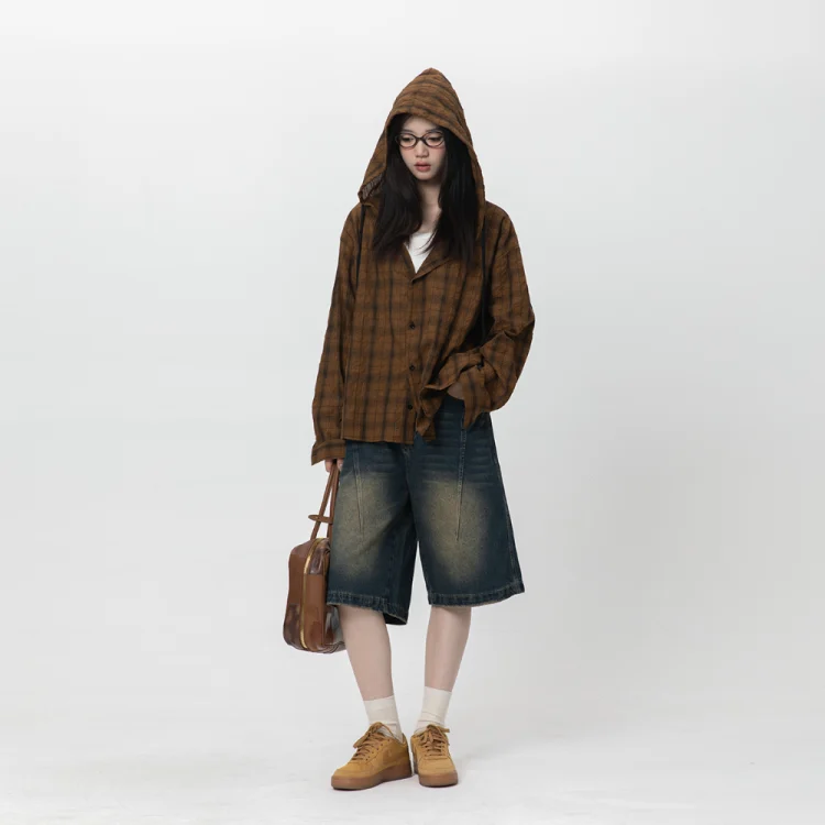 Hooded Plaid Sun Protection Long-Sleeve Shirt for Men and Women, Summer Relaxed Loose Casual Couple Shirt Jacket