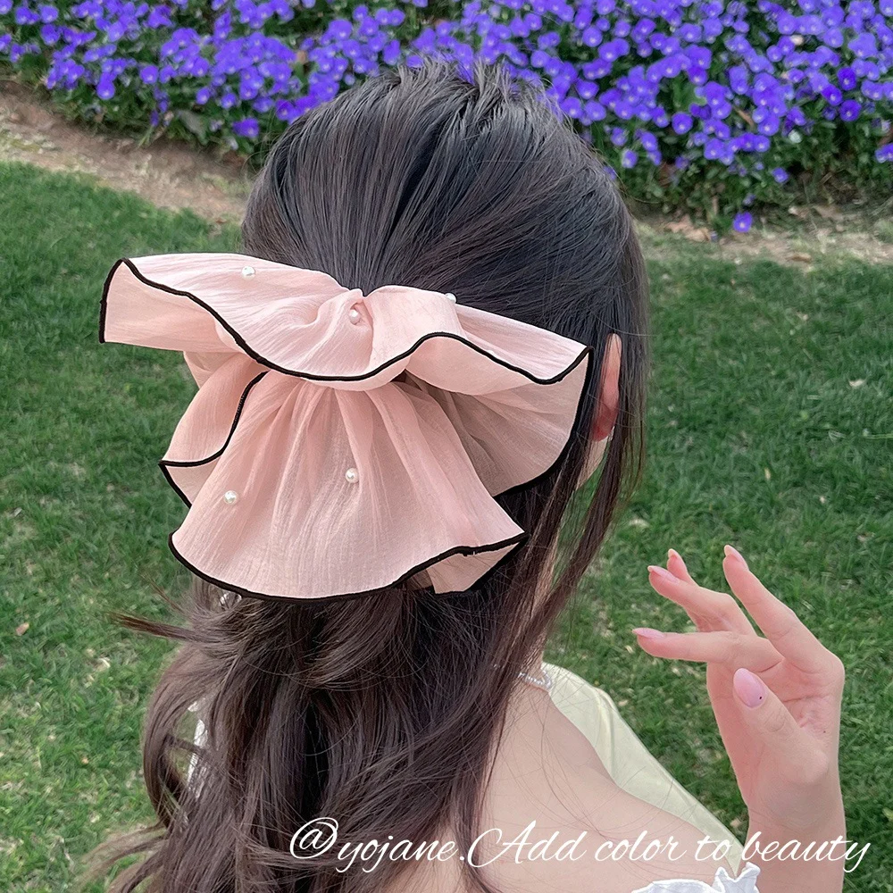 Gelang rambut chiffon besar dengan reben busur, aksesori rambut sanggul, gelang rambut besar