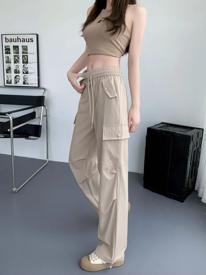 กางเกงทำงานทรงหลวมเอวสูงผ้าแห้งเร็วสำหรับผู้หญิง ฤดูร้อนแบบบาง ใส่แล้วดูผอม ทรงตรง ขากว้าง สวมใส่สบาย ผ้าไหมเย็น ออกกำลังกาย